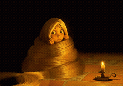 A Cartoon Girl With Long Hair Wrapped Around Her Head And A Candle In The Background GIF