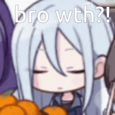 A Cartoon Girl With Long White Hair Is Sitting Next To A Pile Of Oranges And Says `` Bro Wth ? '' GIF