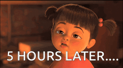 A Cartoon Girl With Pigtails And The Words 5 Hours Later Below Her GIF