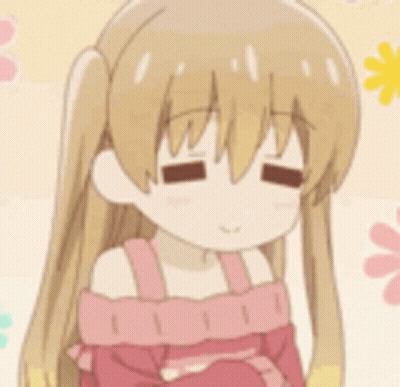 A Cartoon Girl With Pigtails Is Sitting Down With Her Eyes Closed And Wearing A Pink Dress . GIF