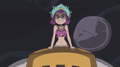 A Cartoon Girl With Pink Hair And A Blue Hat Is Standing Next To A Purple Object GIF