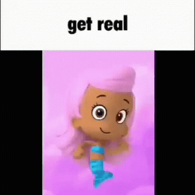 A Cartoon Girl With Pink Hair And A Blue Tail Is Dancing On A Purple Background With The Words `` Get Real '' . GIF