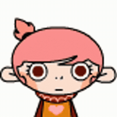 A Cartoon Girl With Pink Hair And A Scarf Around Her Neck Is Looking At The Camera . GIF