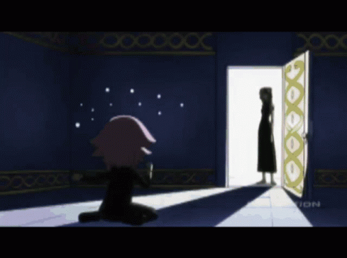 A Cartoon Girl With Pink Hair And Blue Eyes Is Standing In Front Of A Sign That Says Funimation GIF