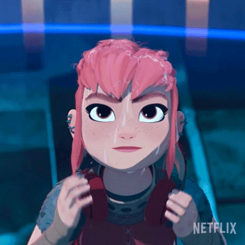 A Cartoon Girl With Pink Hair And Freckles Is Holding A Knife And Looking At The Camera . GIF