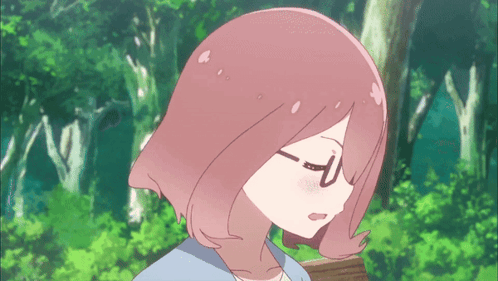 A Cartoon Girl With Pink Hair And Glasses Looks Down GIF