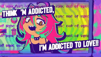 A Cartoon Girl With Pink Hair And Green Eyes Is Standing In Front Of A Computer Screen That Says Think I 'M Addicted . GIF