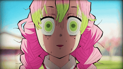 A Cartoon Girl With Pink Hair And Green Eyes GIF