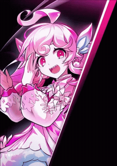 A Cartoon Girl With Pink Hair And Red Eyes Is Standing In Front Of A Black Background GIF