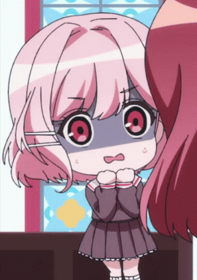 A Cartoon Girl With Pink Hair And Red Eyes Looks Surprised GIF