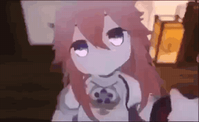 A Cartoon Girl With Pink Hair And White Eyes Is Standing In A Dark Room . GIF