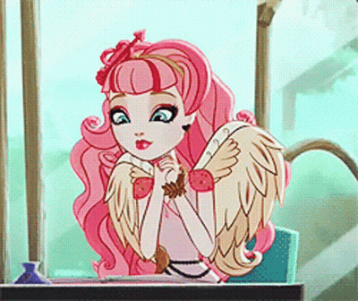 A Cartoon Girl With Pink Hair And Wings Is Sitting At A Desk GIF