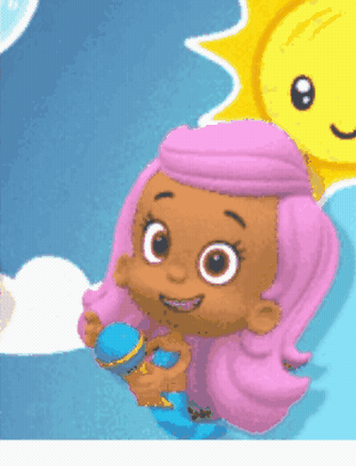 A Cartoon Girl With Pink Hair Is Holding A Blue Cup GIF