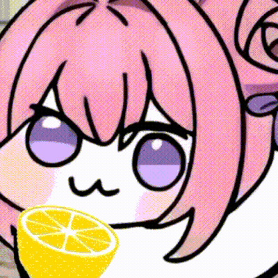 A Cartoon Girl With Pink Hair Is Holding A Slice Of Lemon . GIF