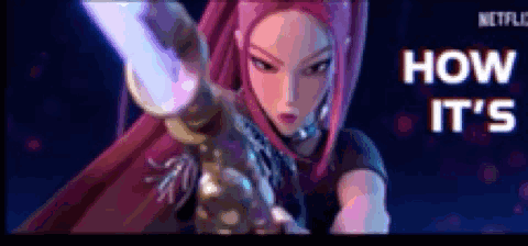 A Cartoon Girl With Pink Hair Is Holding A Sword In Her Hand . GIF
