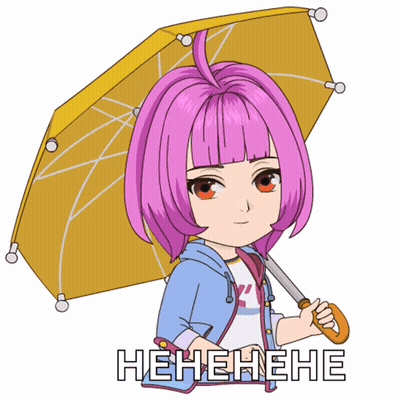 A Cartoon Girl With Pink Hair Is Holding A Yellow Umbrella With The Word Henehene Written Below Her GIF