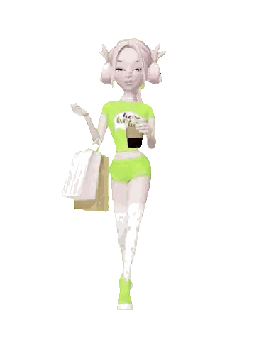 A Cartoon Girl With Pink Hair Is Holding Shopping Bags And Wearing A Green Shirt That Says Hope Sticker