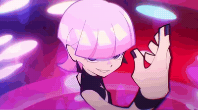 A Cartoon Girl With Pink Hair Is Making A Peace Sign With Her Hands . GIF