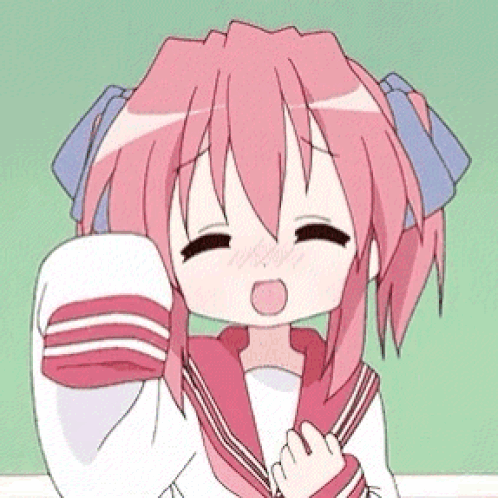 A Cartoon Girl With Pink Hair Is Sitting In Front Of A Green Wall And Making A Funny Face . GIF