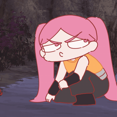 A Cartoon Girl With Pink Hair Is Squatting Down And Making A Funny Face GIF