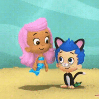 A Cartoon Girl With Pink Hair Is Standing Next To A Cat With Blue Hair GIF