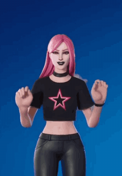 A Cartoon Girl With Pink Hair Is Wearing A Black Crop Top With A Pink Star On It . GIF