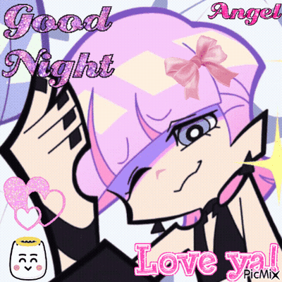 A Cartoon Girl With Purple Hair And A Pink Bow Says Good Night And Love Ya GIF
