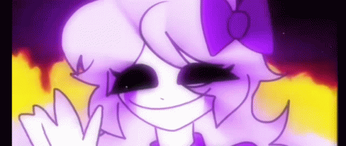 A Cartoon Girl With Purple Hair And A Purple Bow Is Smiling And Giving A Peace Sign . GIF