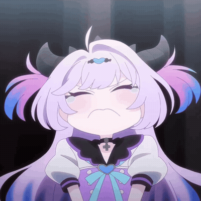 A Cartoon Girl With Purple Hair And Horns Is Making A Sad Face GIF