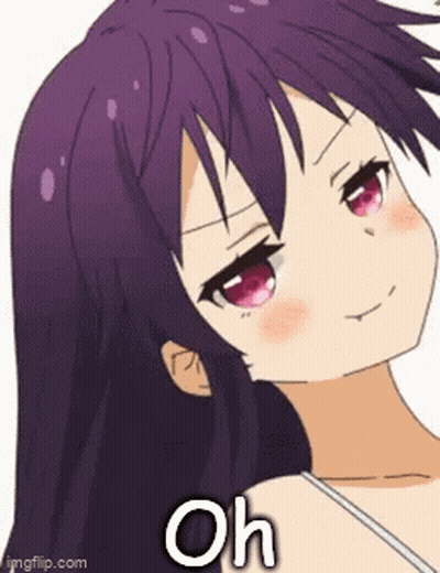 A Cartoon Girl With Purple Hair And Red Eyes Is Making A Funny Face And Saying Oh . GIF