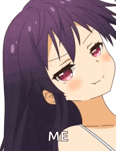 A Cartoon Girl With Purple Hair And Red Eyes Is Smiling And Says Me GIF