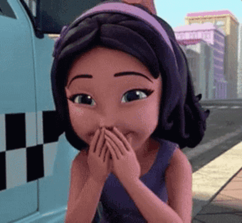 A Cartoon Girl With Purple Hair Is Covering Her Mouth With Her Hands . GIF