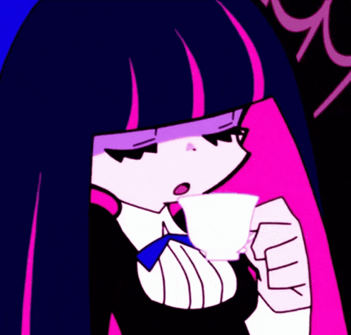 A Cartoon Girl With Purple Hair Is Drinking From A White Cup GIF