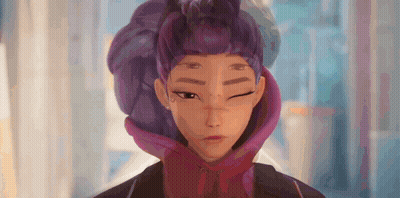 A Cartoon Girl With Purple Hair Is Making A Funny Face While Wearing A Red Hoodie . GIF