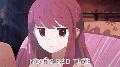 A Cartoon Girl With Purple Hair Is Sitting On A Bed And Says No Its Bed Time GIF