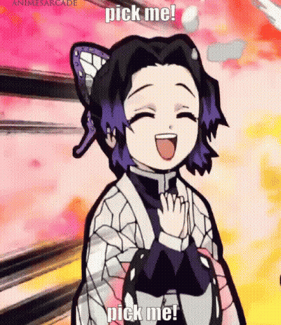 A Cartoon Girl With Purple Hair Is Smiling And Saying Pick Me ! GIF