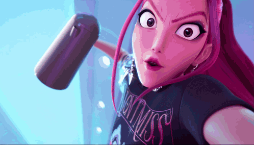 A Cartoon Girl With Purple Hair Is Wearing A Black Shirt That Says " You Miss " On It GIF