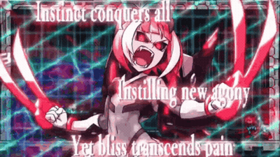 A Cartoon Girl With Red Eyes And The Words " Instinct Conquers All Installing New Agony " GIF