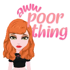 A Cartoon Girl With Red Hair And Green Eyes Has The Words Aww Poor Thing Above Her Head Sticker