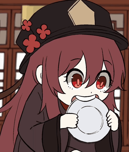 A Cartoon Girl With Red Hair And Red Eyes Is Holding A Plate In Her Hands GIF