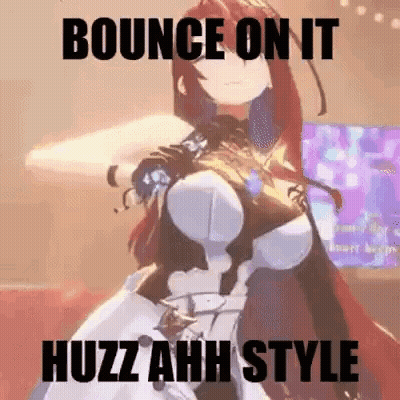 A Cartoon Girl With Red Hair Is Standing In Front Of A Television With The Words `` Bounce On It Huzzahh Style '' . GIF
