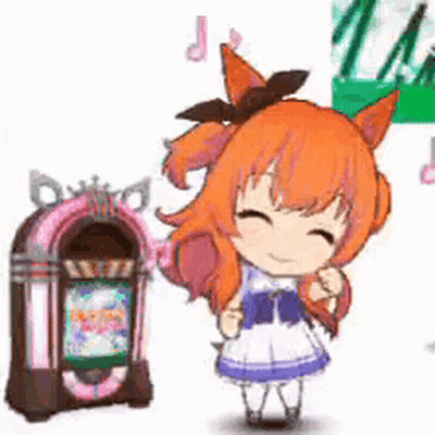 A Cartoon Girl With Red Hair Is Standing Next To A Jukebox . GIF