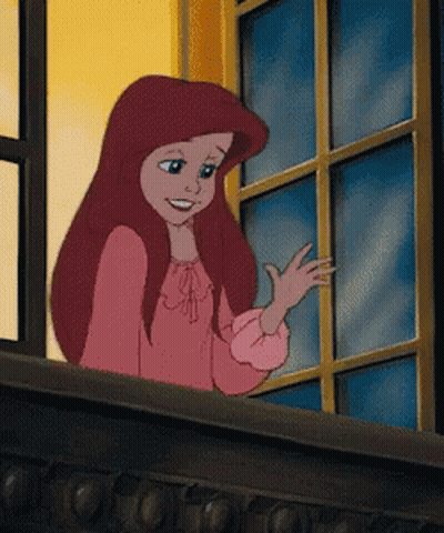A Cartoon Girl With Red Hair Is Waving From A Window GIF