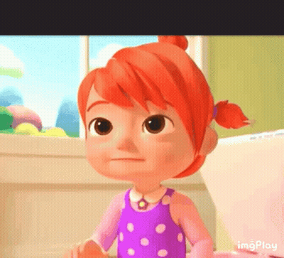 A Cartoon Girl With Red Hair Is Wearing A Purple Polka Dot Dress And A Pink Shirt . GIF