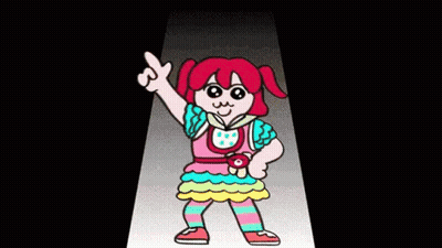 A Cartoon Girl With Sprinkles On Her Hair Is Pointing Upwards GIF