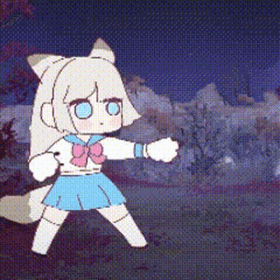 A Cartoon Girl With White Hair And Blue Eyes Is Standing In Front Of A Snowy Mountain . GIF