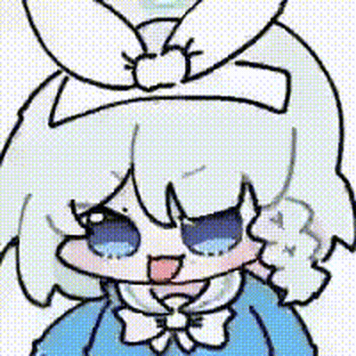 A Cartoon Girl With White Hair And Blue Eyes Is Wearing A Blue Shirt And A White Bow . GIF