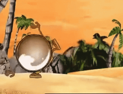 A Cartoon Globe Is Sitting On A Sandy Beach Surrounded By Palm Trees . GIF