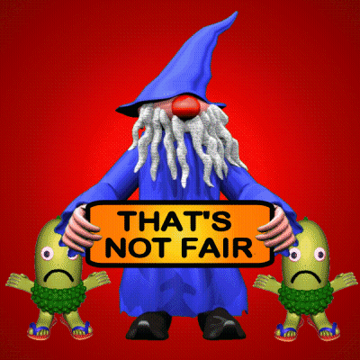 A Cartoon Gnome Holding A Sign That Says That 'S Not Fair GIF