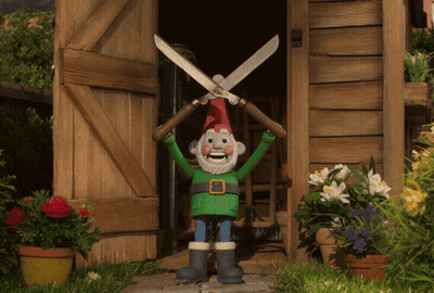 A Cartoon Gnome Is Holding A Pair Of Hedge Clippers Over His Head GIF